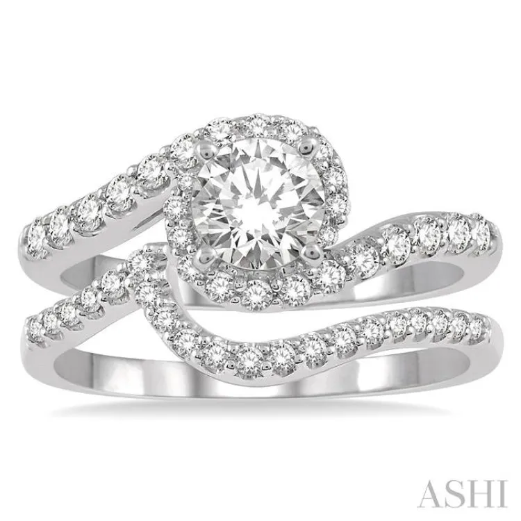 1 Ctw Diamond Wedding Set With 7/8 ct Swirl Round Center Diamond Engagement Ring and 1/6 ct Wedding Band in 14K White Gold