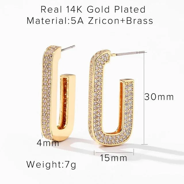 14K Real Gold Plated Brass Cuff Stud Earrings Heart square Shiny Full Zircon Diamond Hoop Earrings