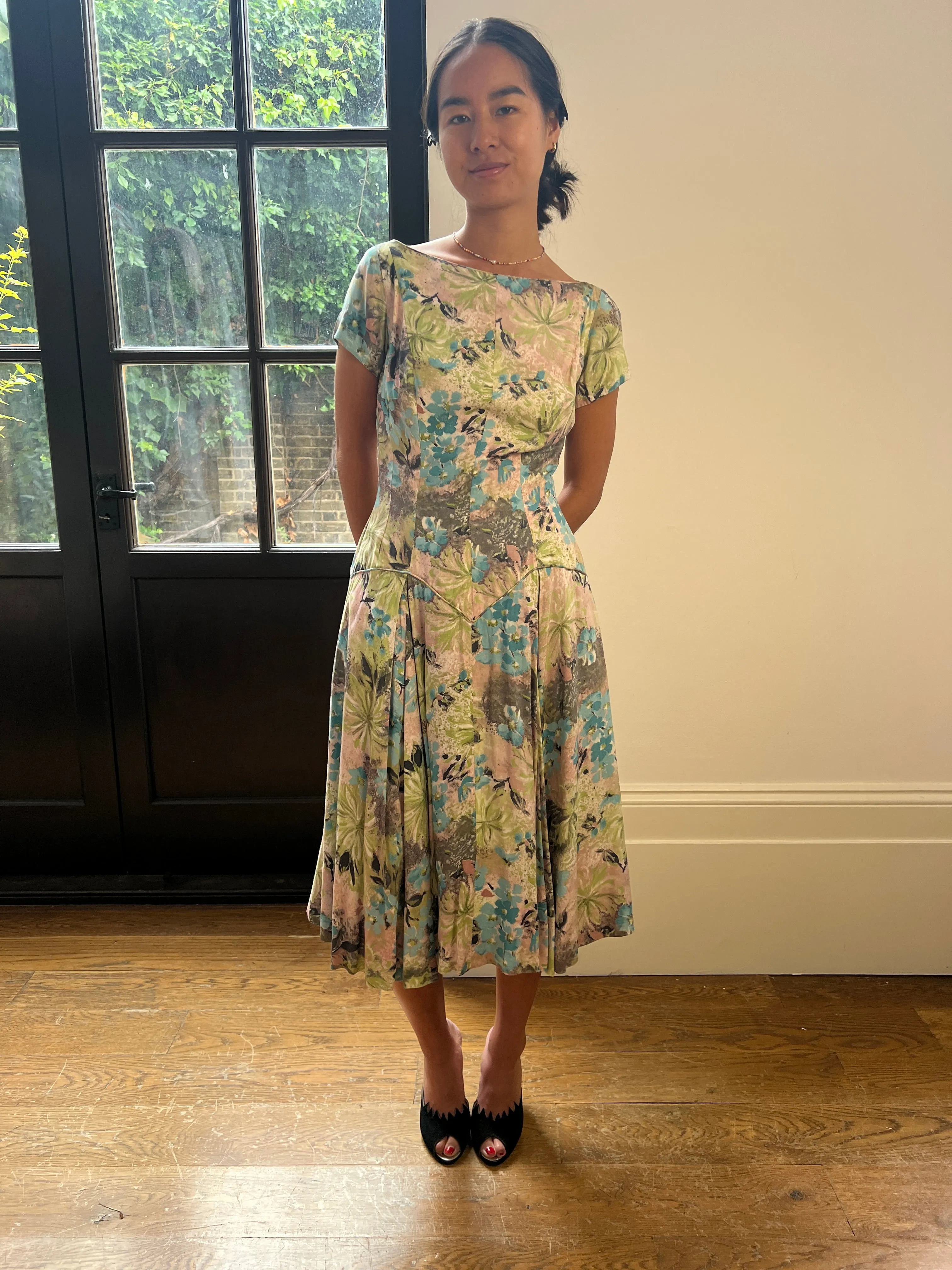 1950s Floral Cotton Dress With Dropped Waist