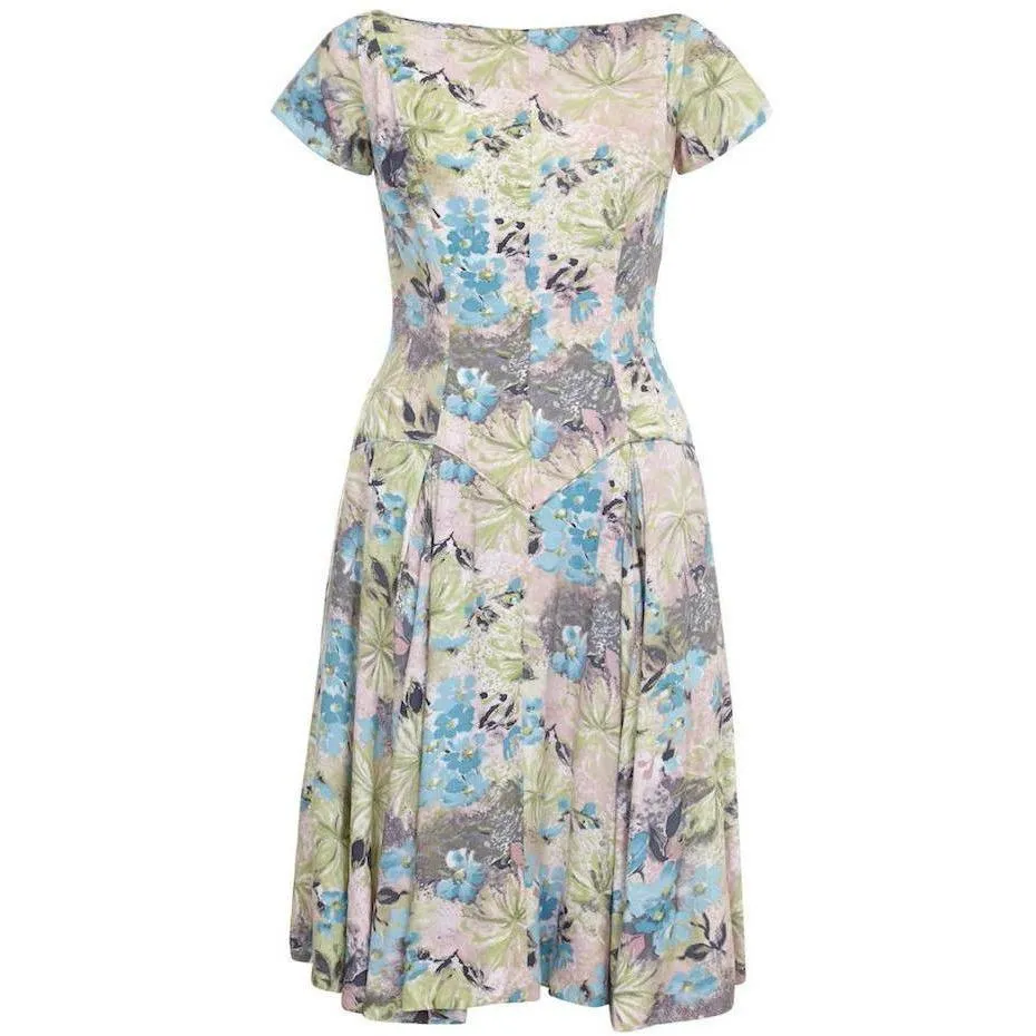 1950s Floral Cotton Dress With Dropped Waist