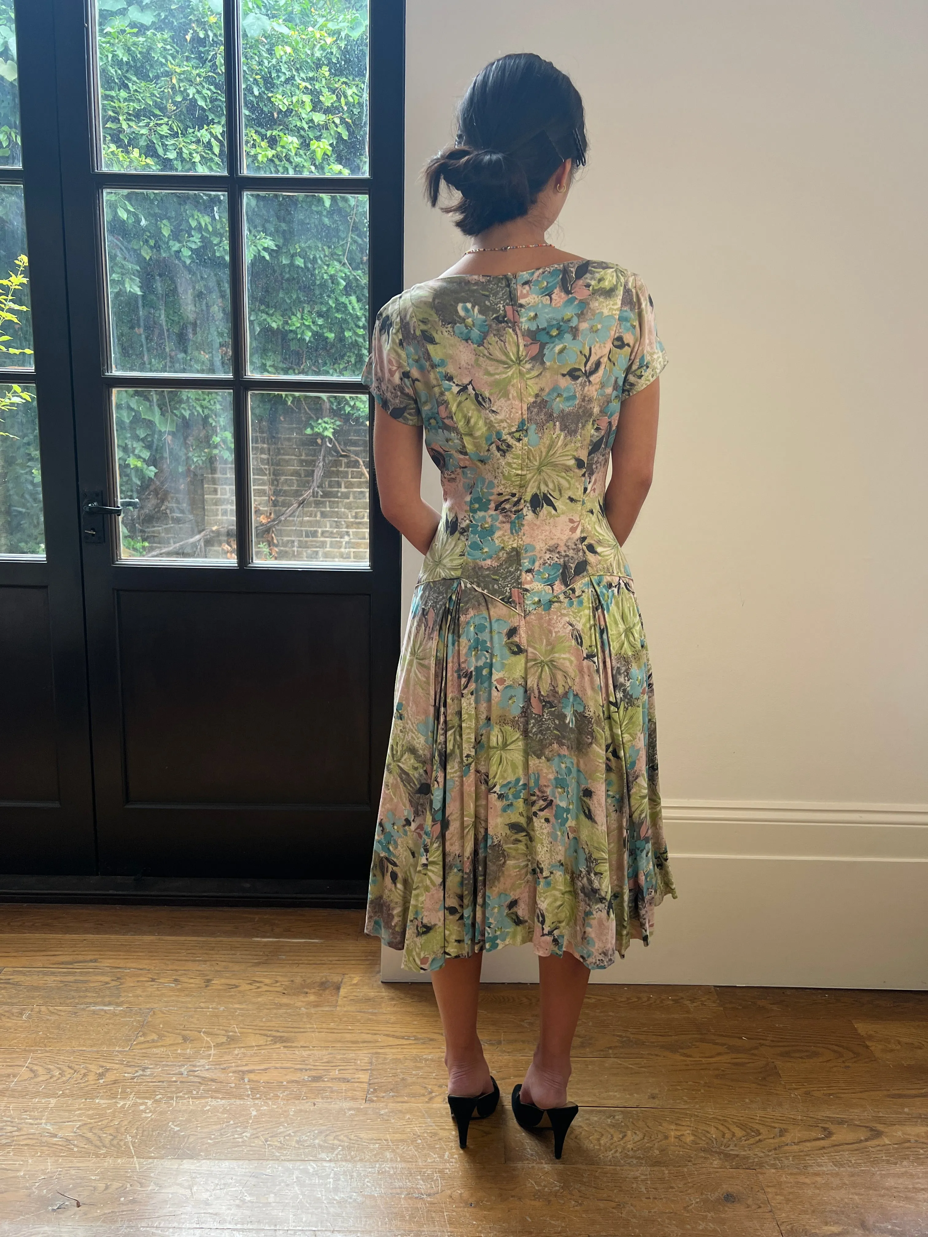 1950s Floral Cotton Dress With Dropped Waist