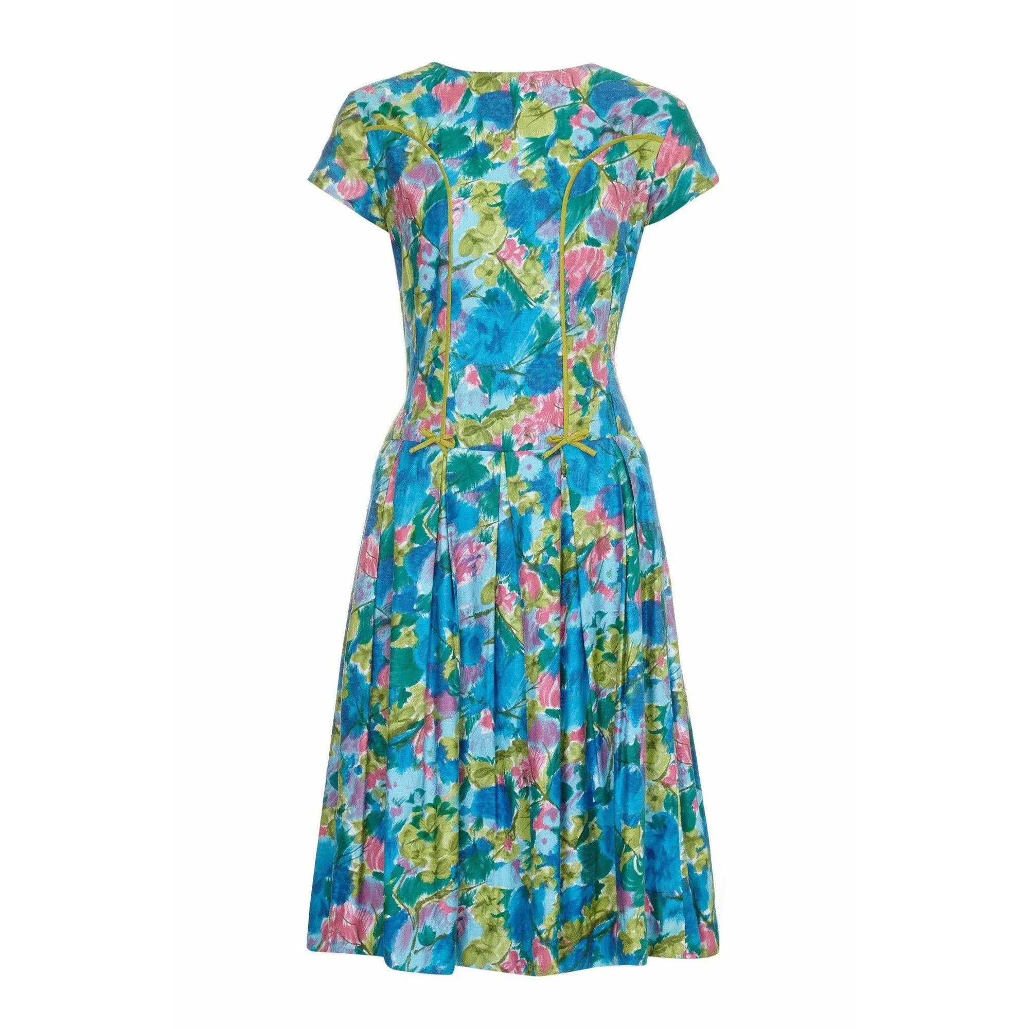 1950s Riddella Green Blue and Pink Floral Cotton Dress