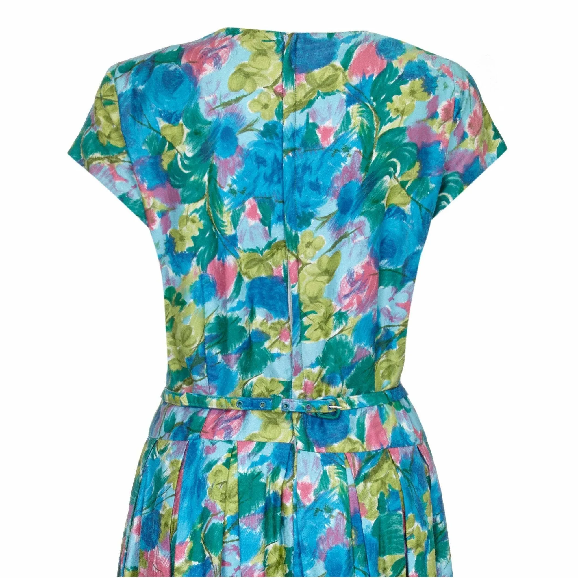 1950s Riddella Green Blue and Pink Floral Cotton Dress