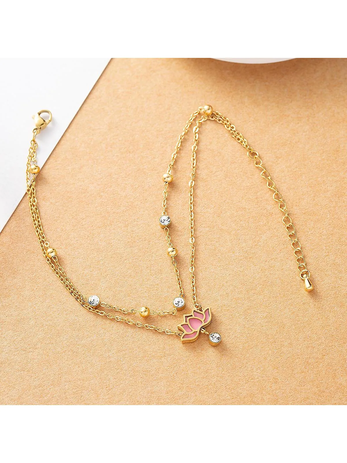 1pc Fashion Stainless Steel Cubic Zirconia & Lotus Decor Layered Anklet For Women For Daily Decoration