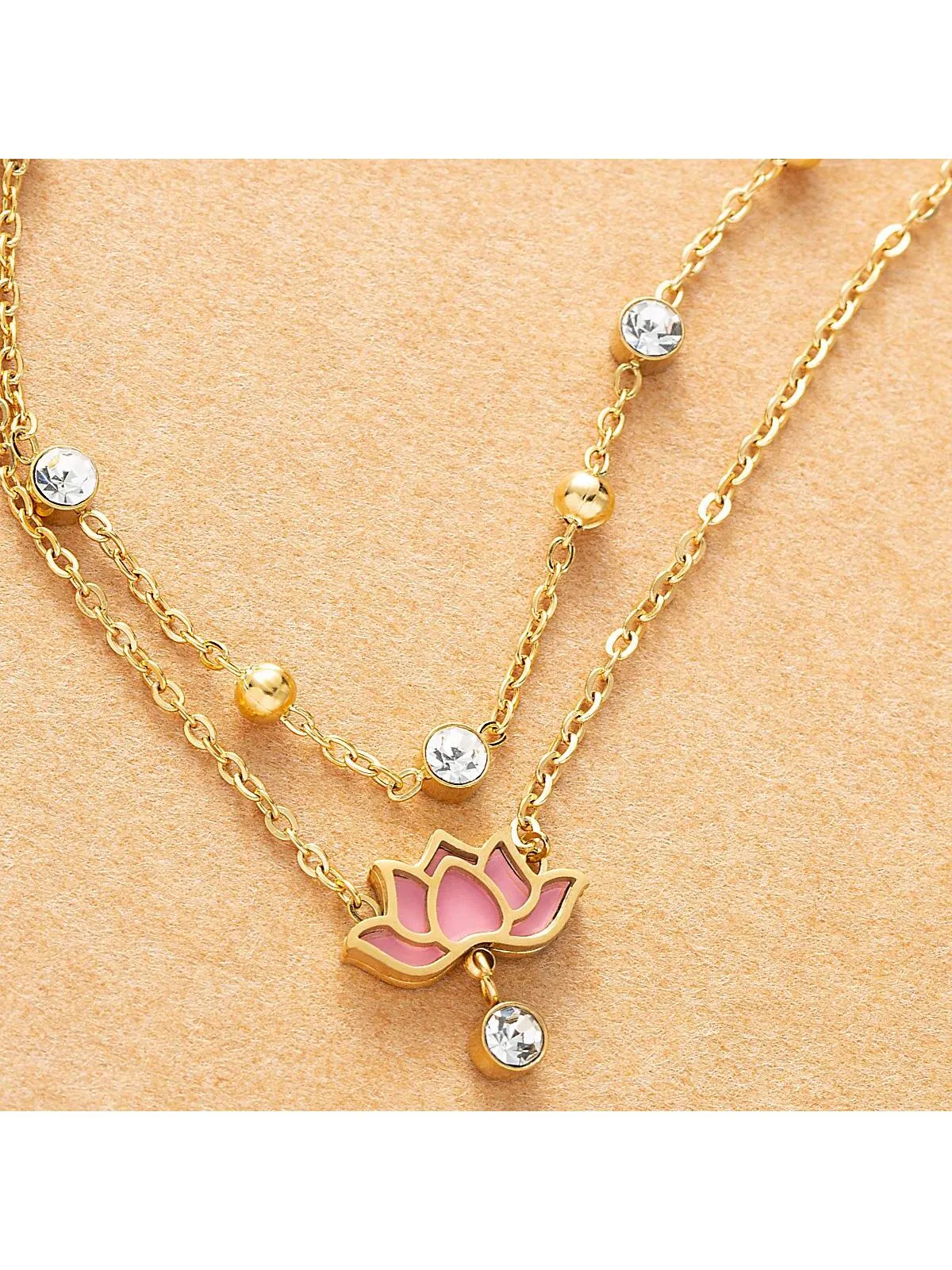 1pc Fashion Stainless Steel Cubic Zirconia & Lotus Decor Layered Anklet For Women For Daily Decoration