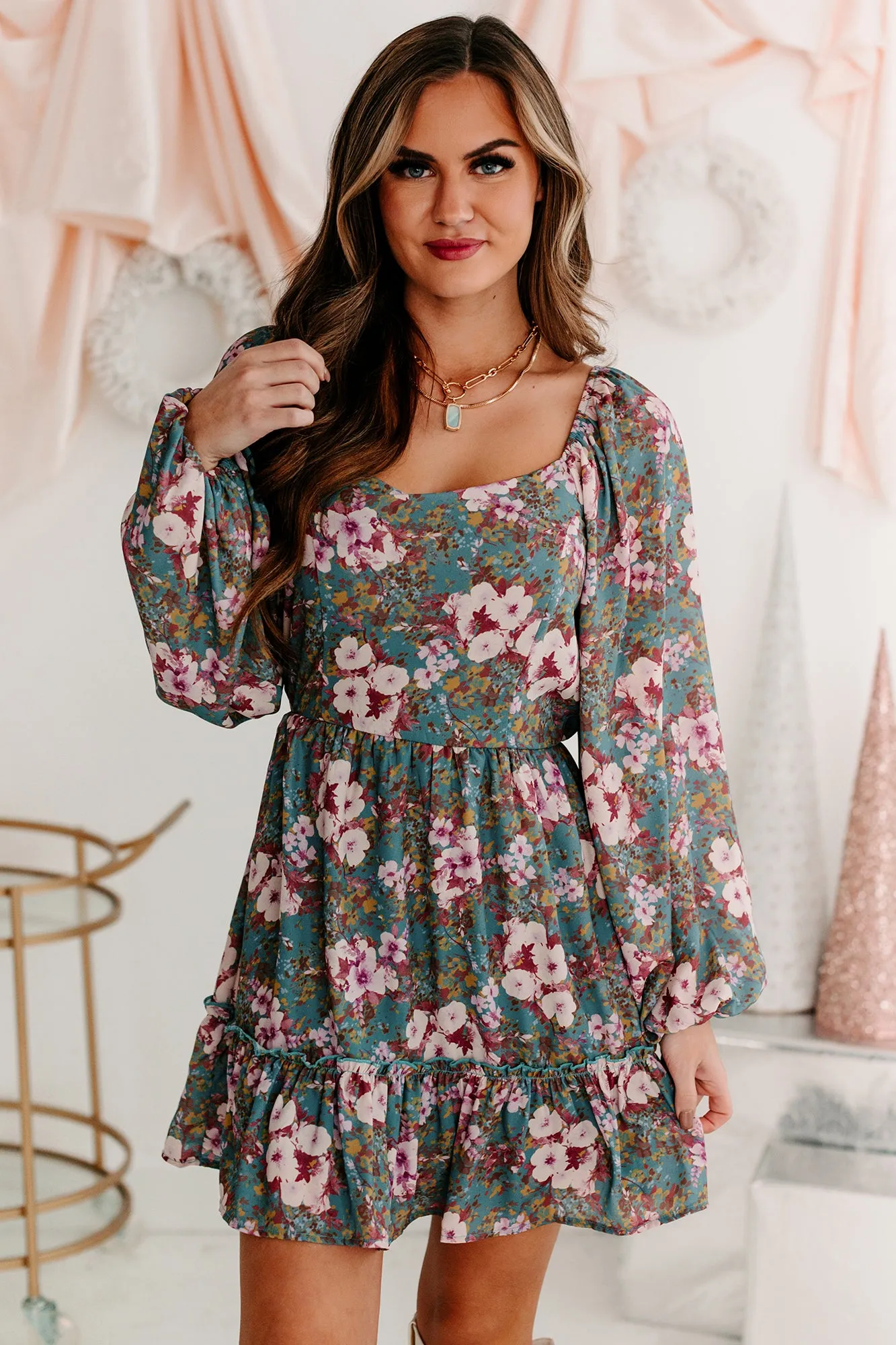 A Graceful Touch Floral Square Neck Dress (Teal/Plum)