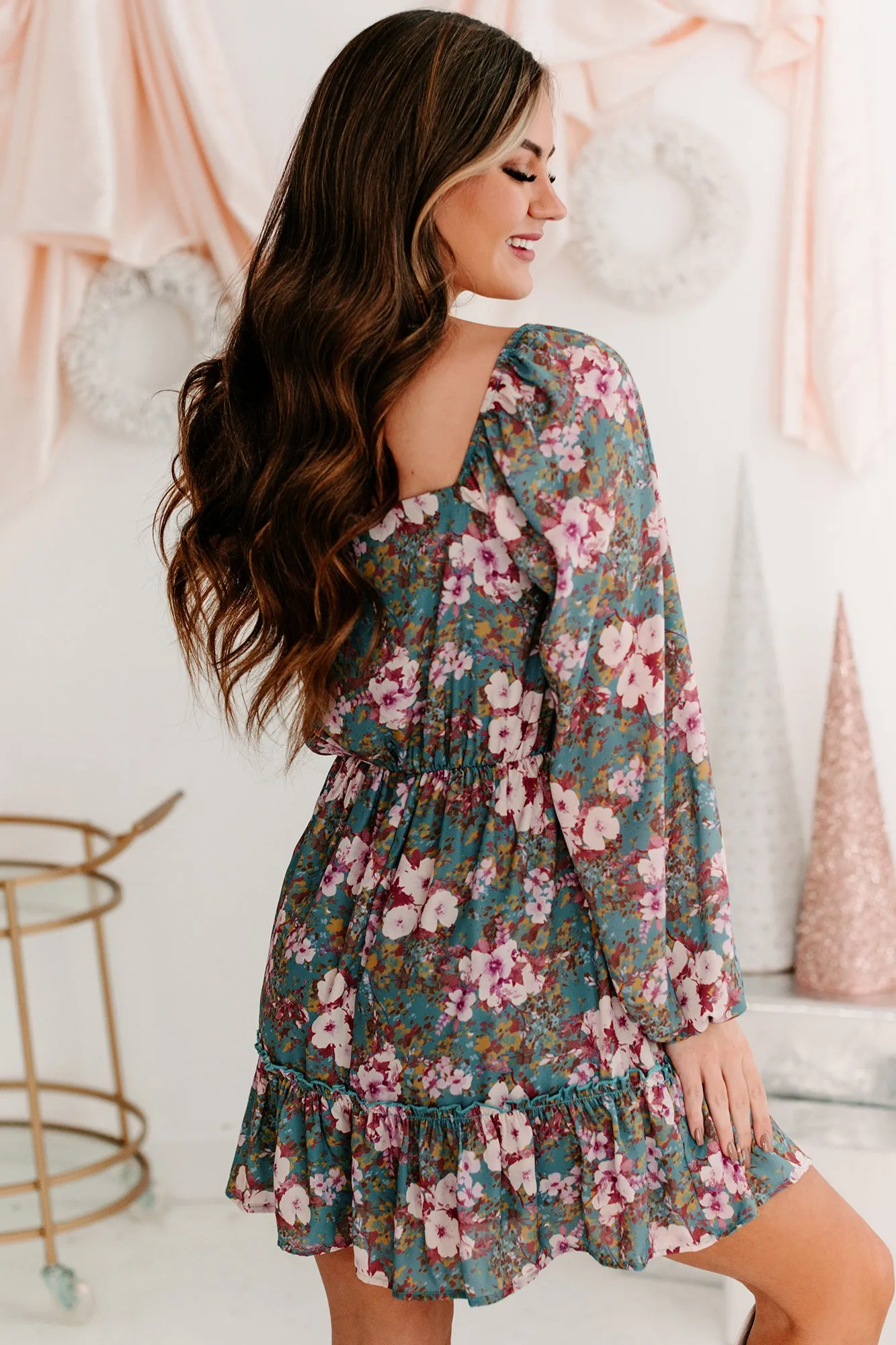 A Graceful Touch Floral Square Neck Dress (Teal/Plum)