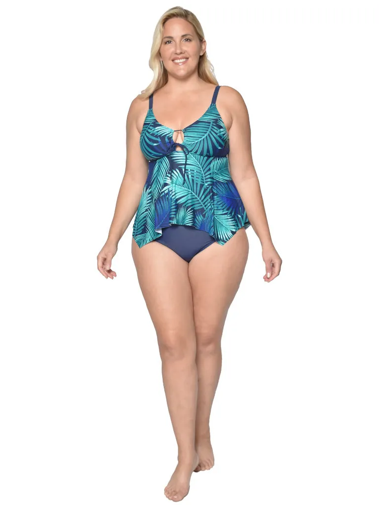 A keyhole handkerchief tankini in a botanique print