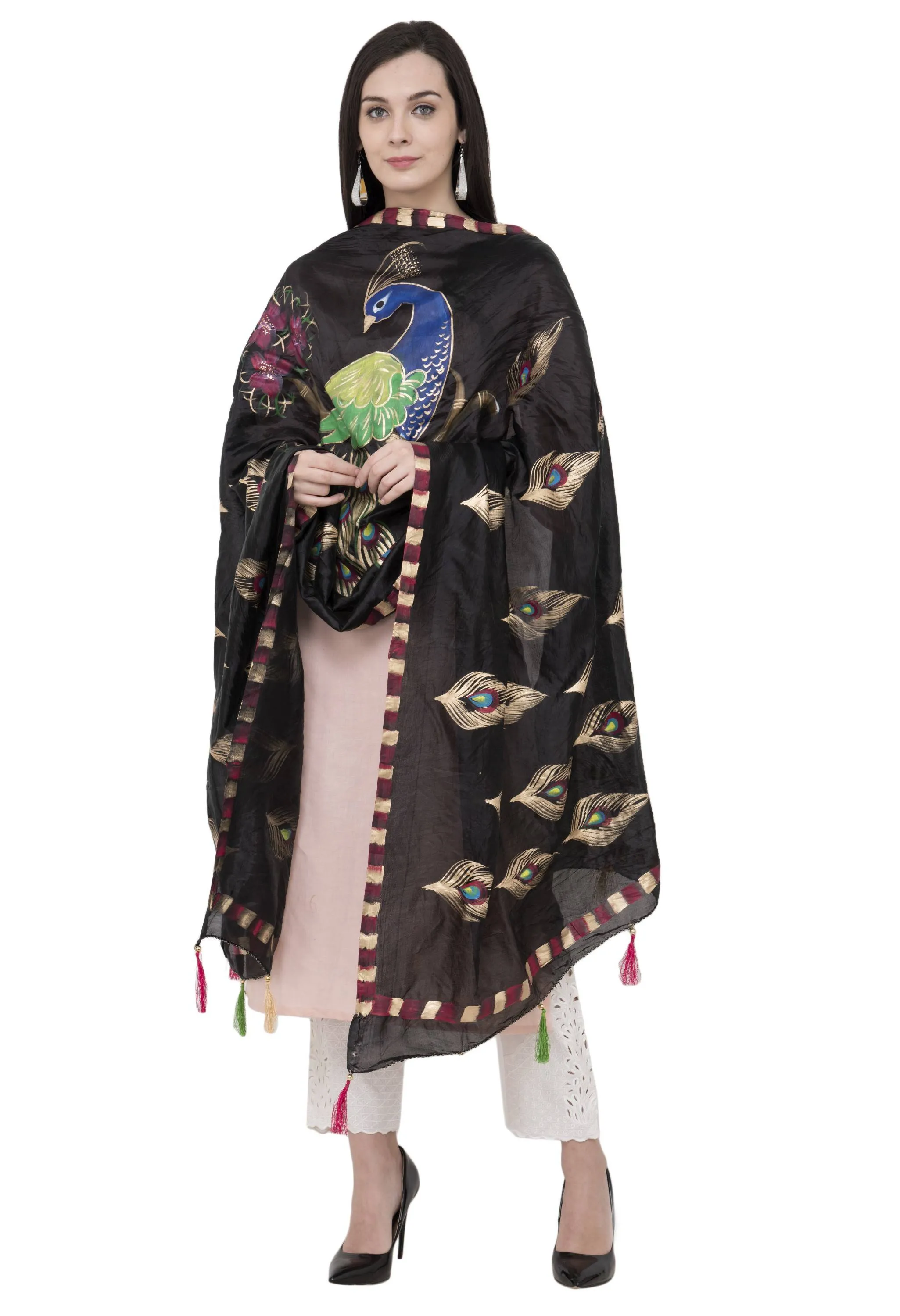 A R Silk Silk Peacock Multi Fancy Dupatta Color Black Dupatta or Chunni