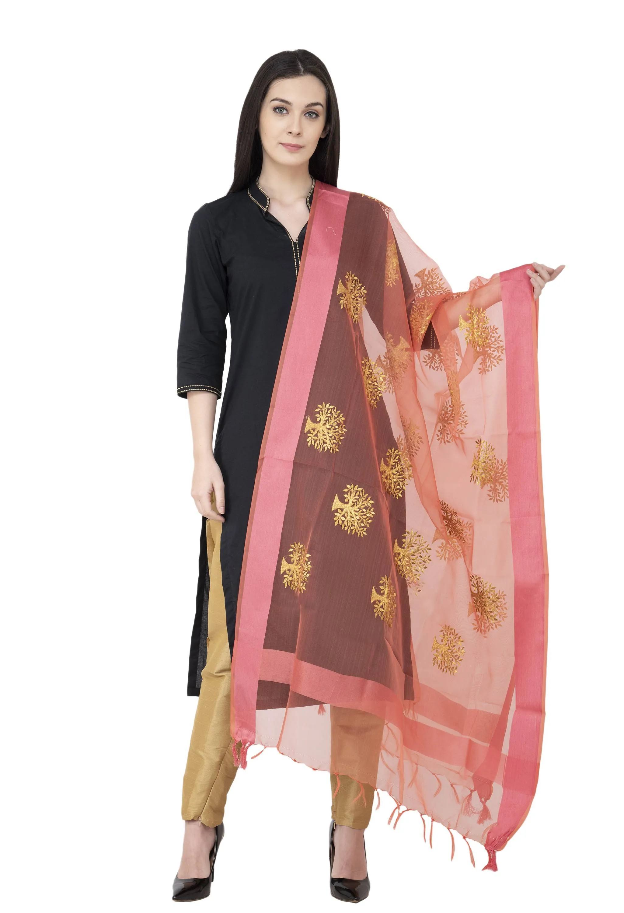 A R SILK TISSUE ZARI Embroidery Golden Zari Embroidery PEACH Color Dupatta or Chunni