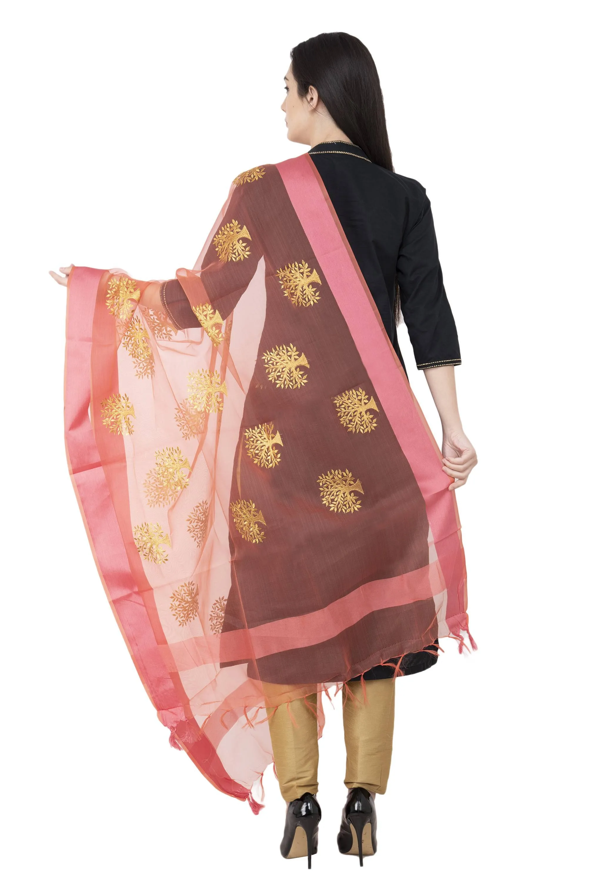 A R SILK TISSUE ZARI Embroidery Golden Zari Embroidery PEACH Color Dupatta or Chunni