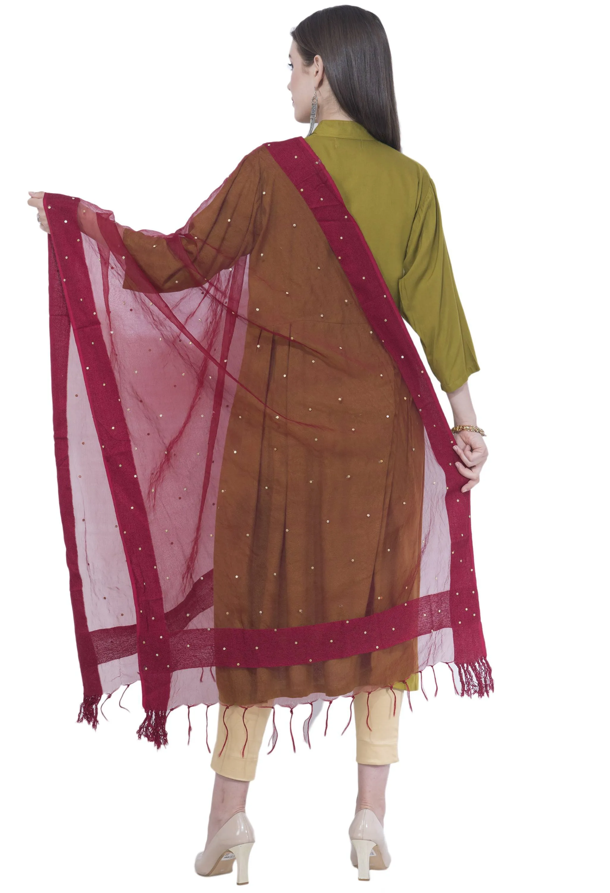 A R Silk Women's Stone Work Orgenza Cotton Mehroon Dupattas and Chunnis