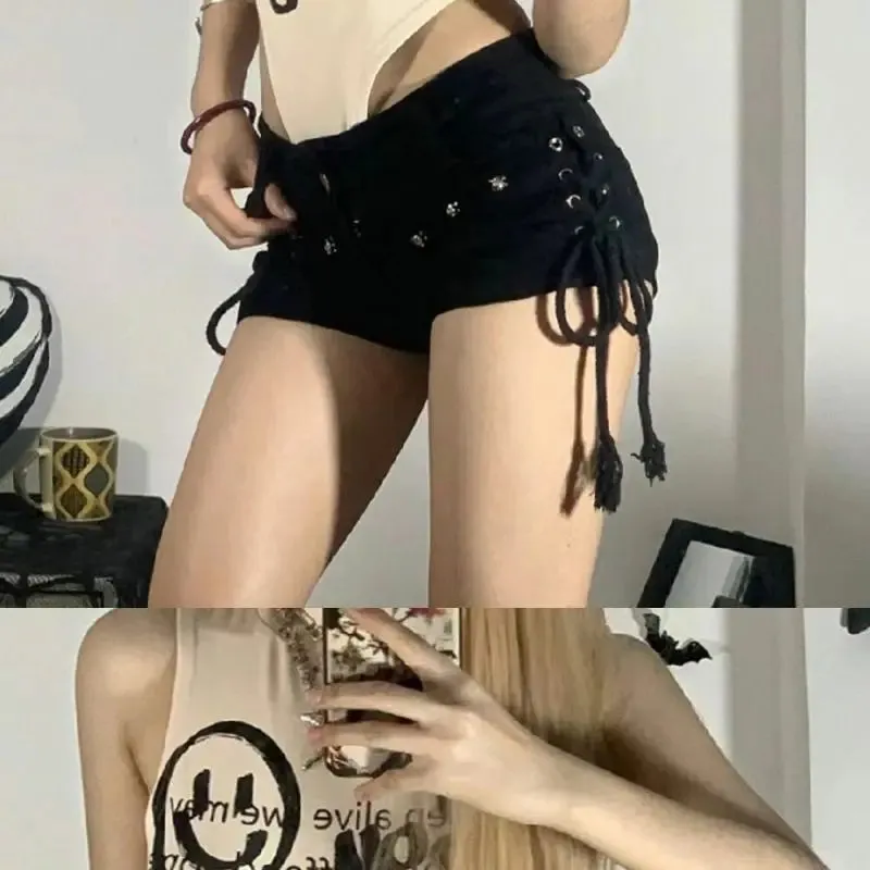 American Retro Streetwear Fashion Skinny Lace-up Shorts for Women