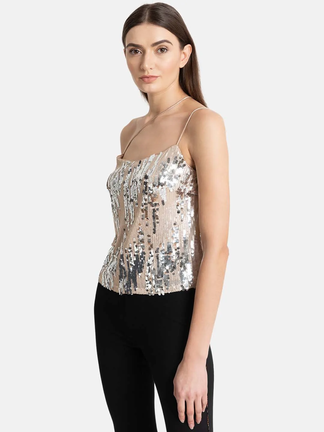 Asymetric Noodle Strap Sequin Top