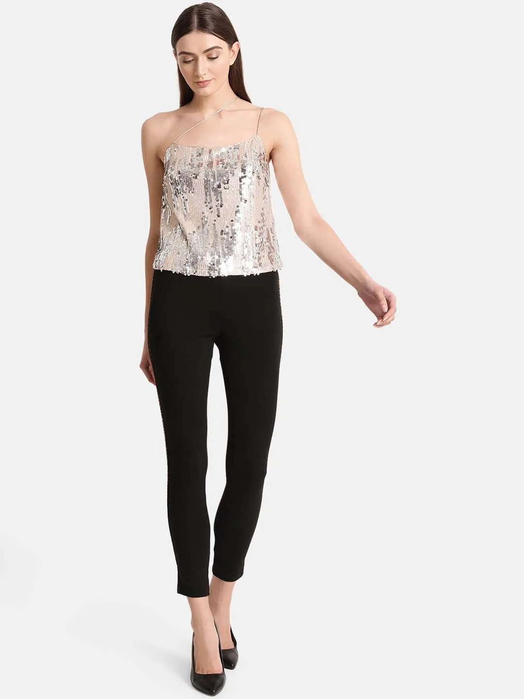 Asymetric Noodle Strap Sequin Top