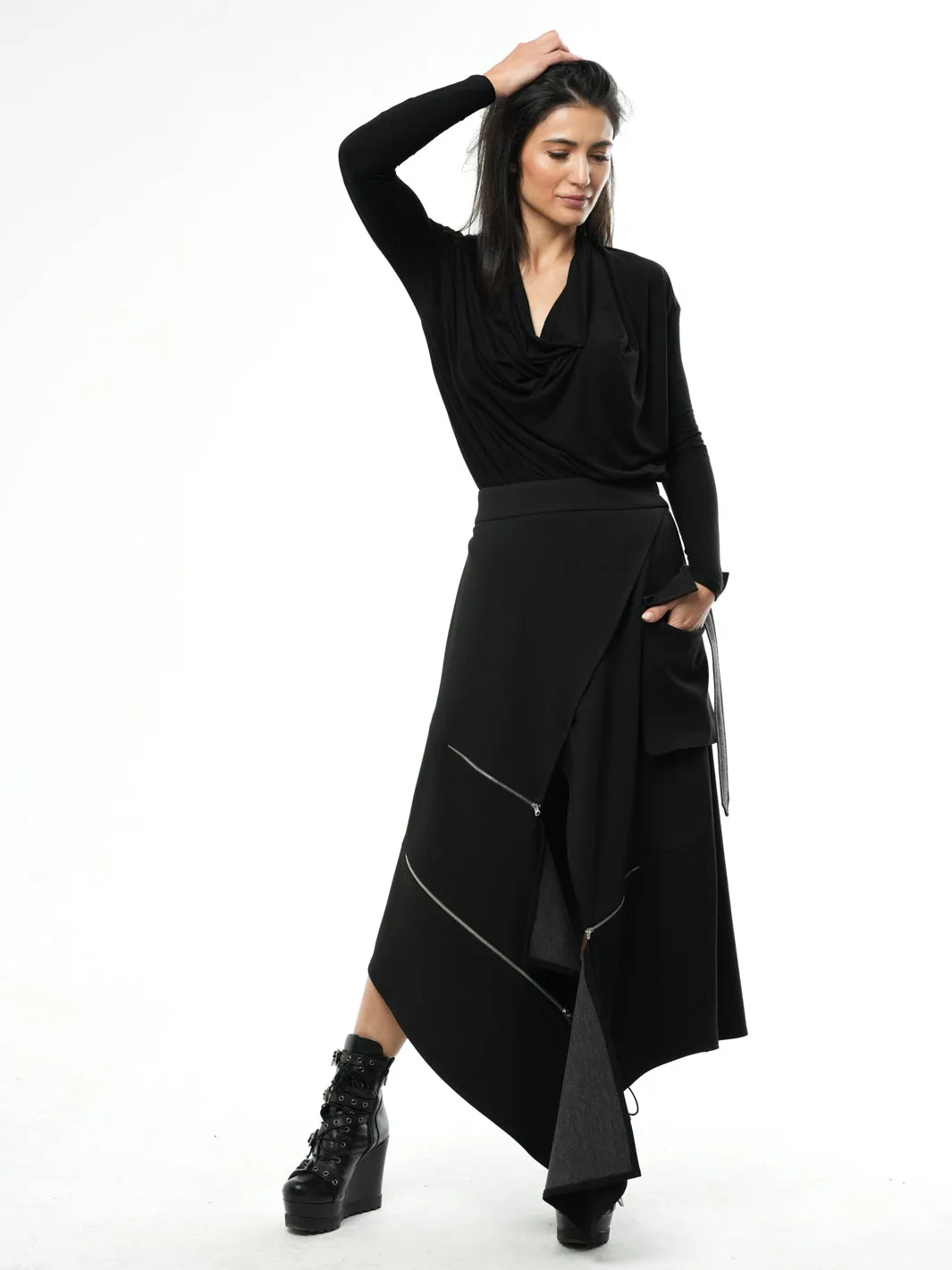 Asymmetric Black Long Skirt with Zippers