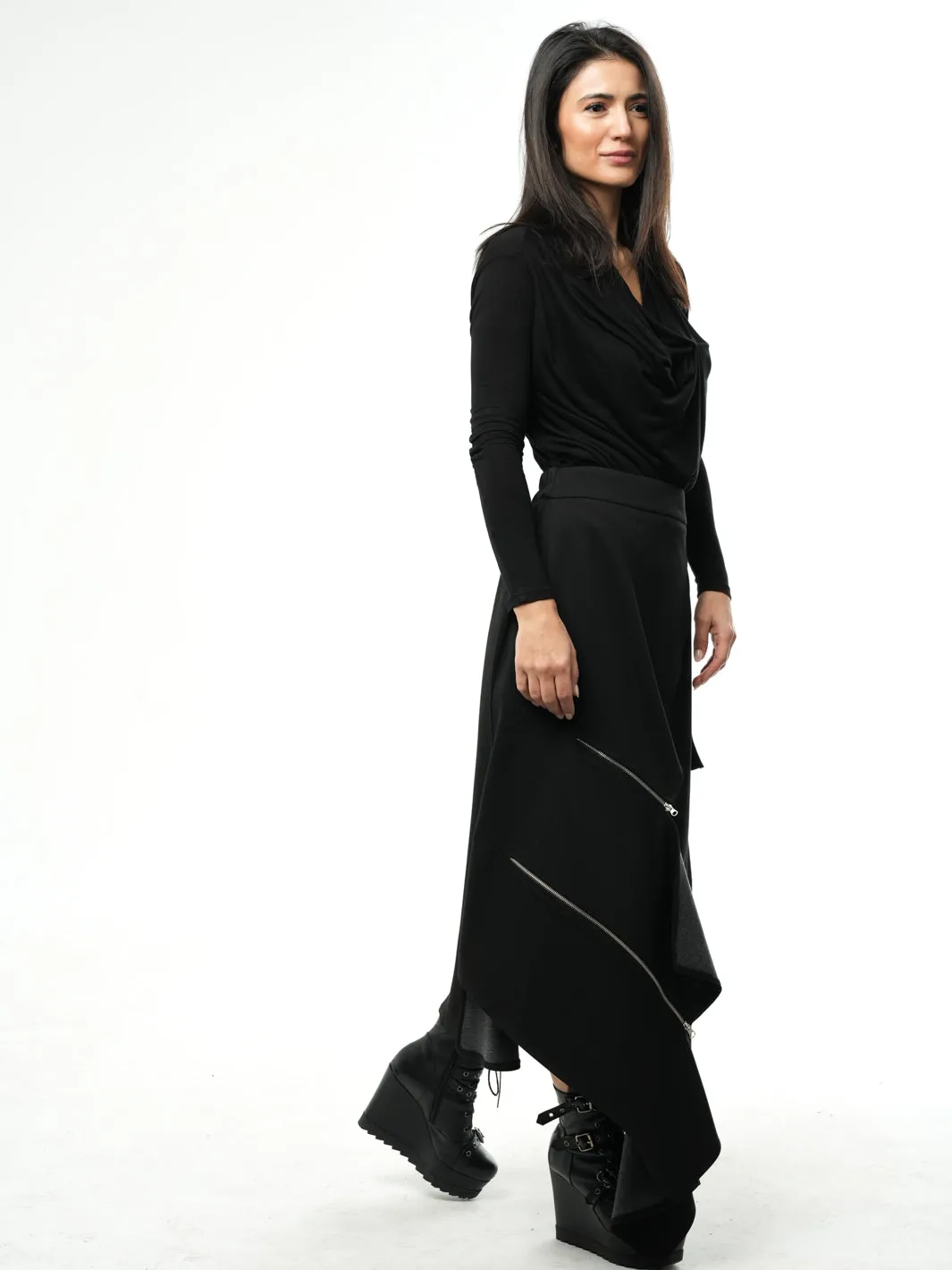 Asymmetric Black Long Skirt with Zippers