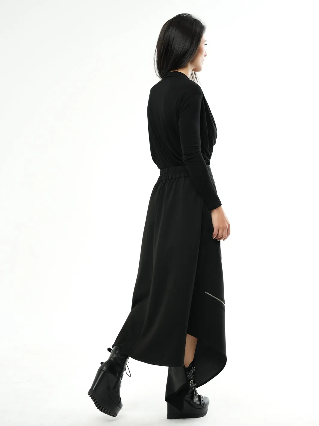 Asymmetric Black Long Skirt with Zippers