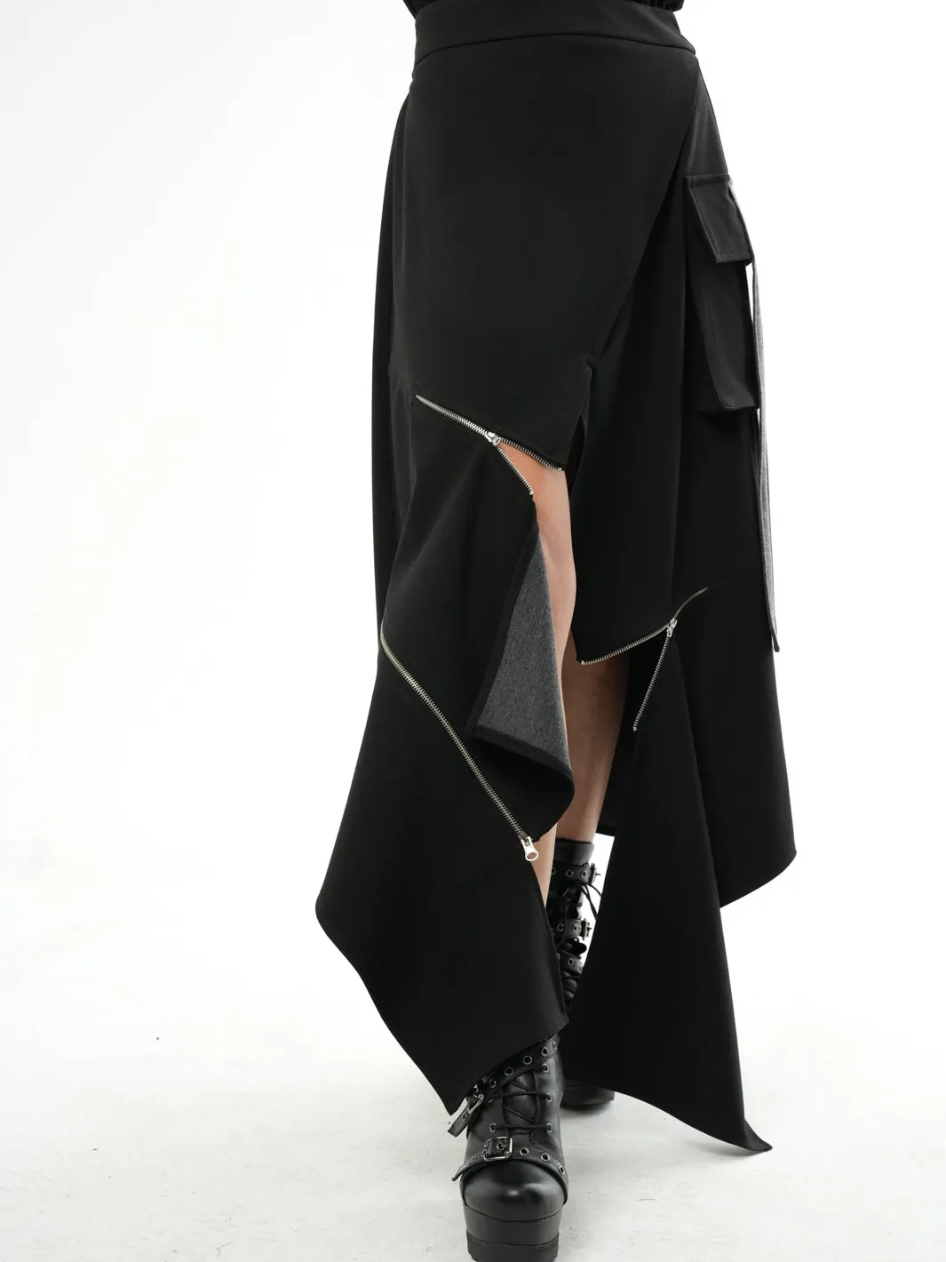 Asymmetric Black Long Skirt with Zippers