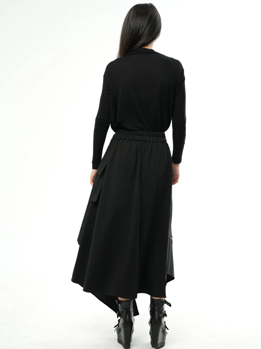 Asymmetric Black Long Skirt with Zippers