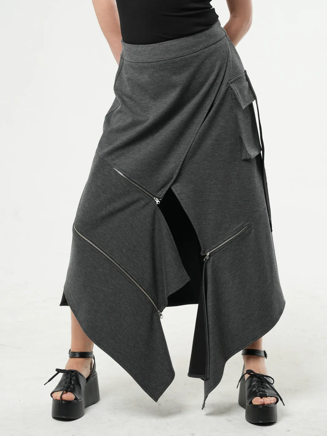 Asymmetric Gray Long Skirt with Zippers