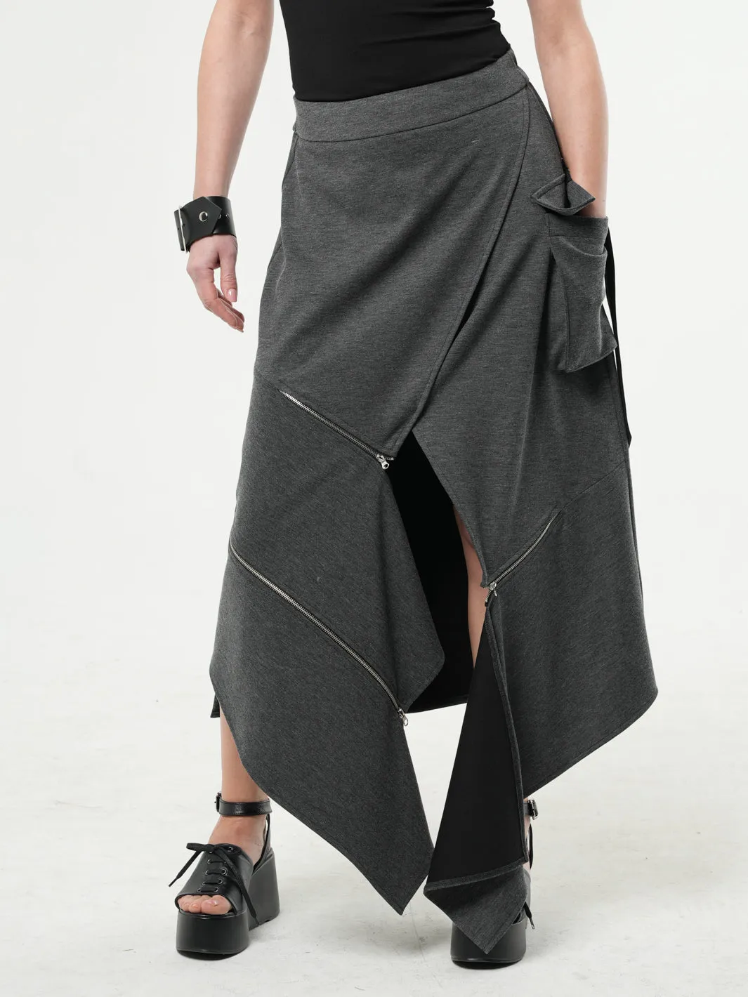 Asymmetric Gray Long Skirt with Zippers