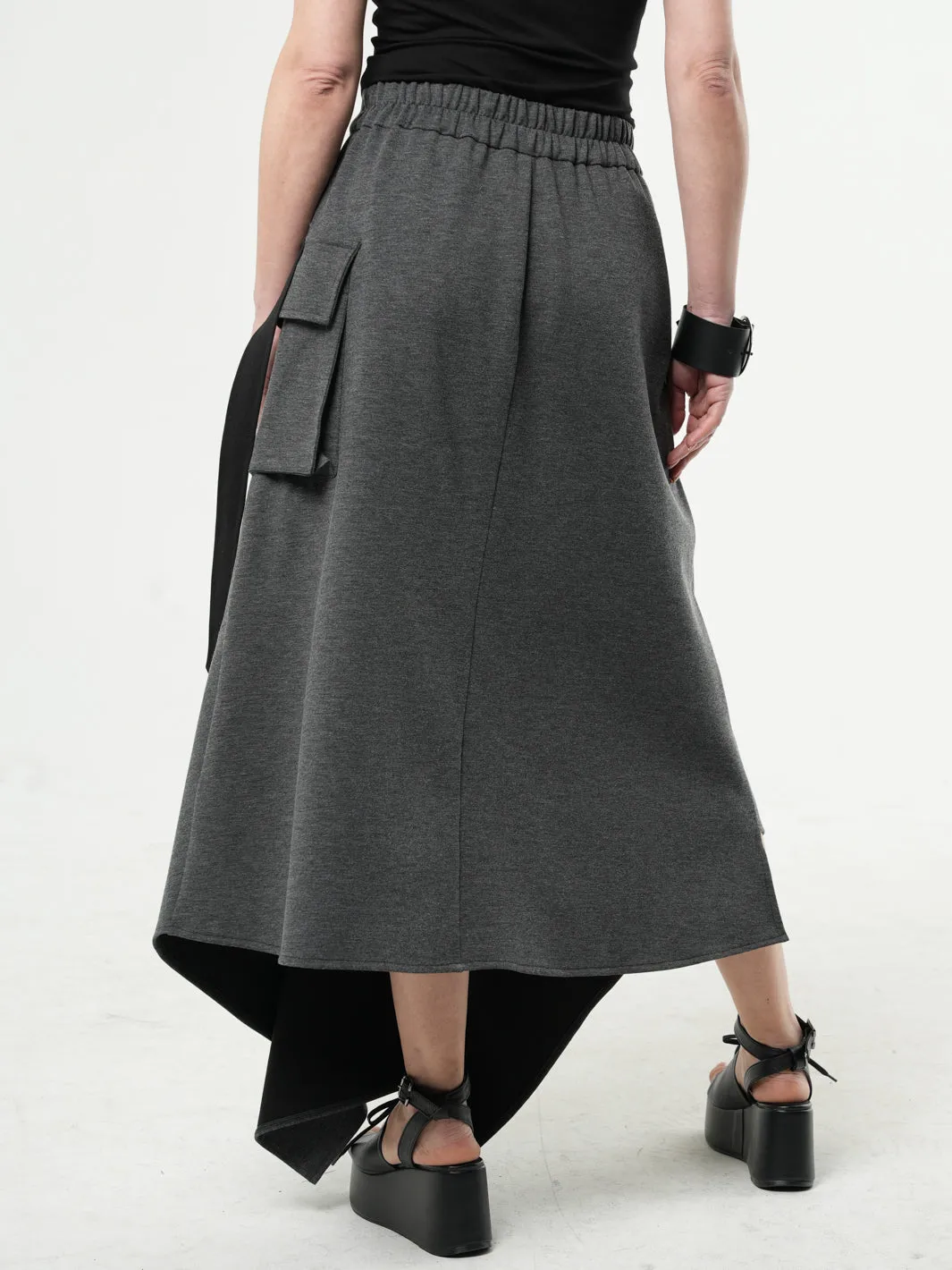 Asymmetric Gray Long Skirt with Zippers