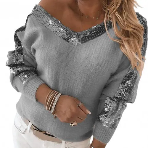 Autumn Winter Sequins One Shoulder Girls Sweater