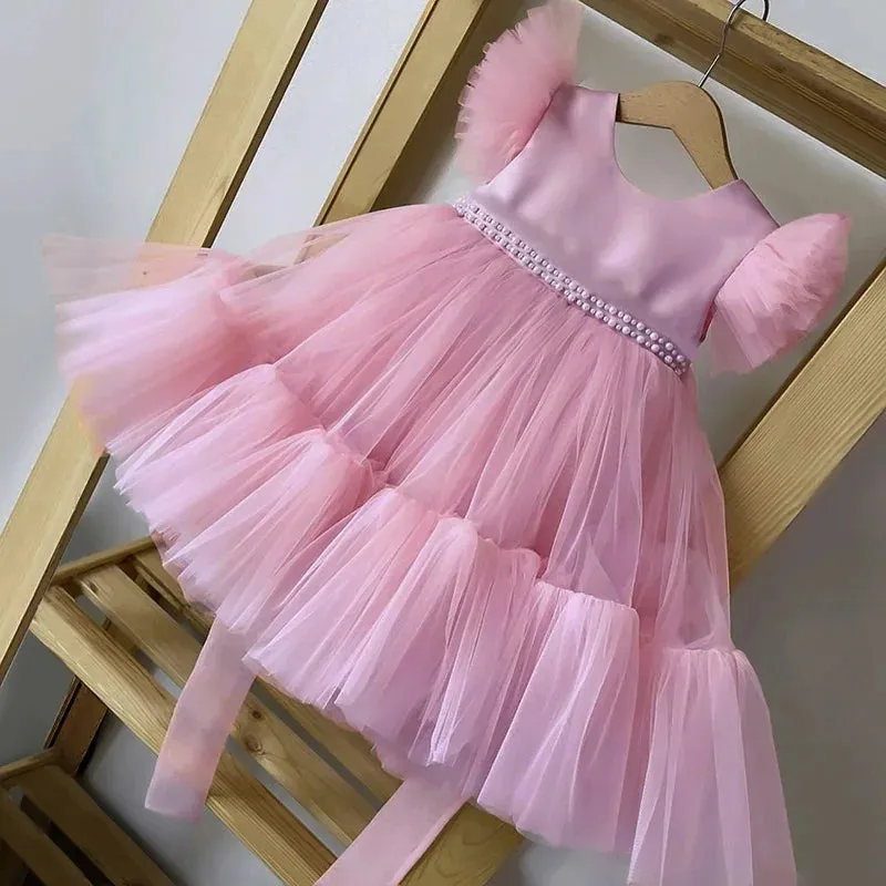 Baby Girl Pink Bow Lace Princess Birthday Dress