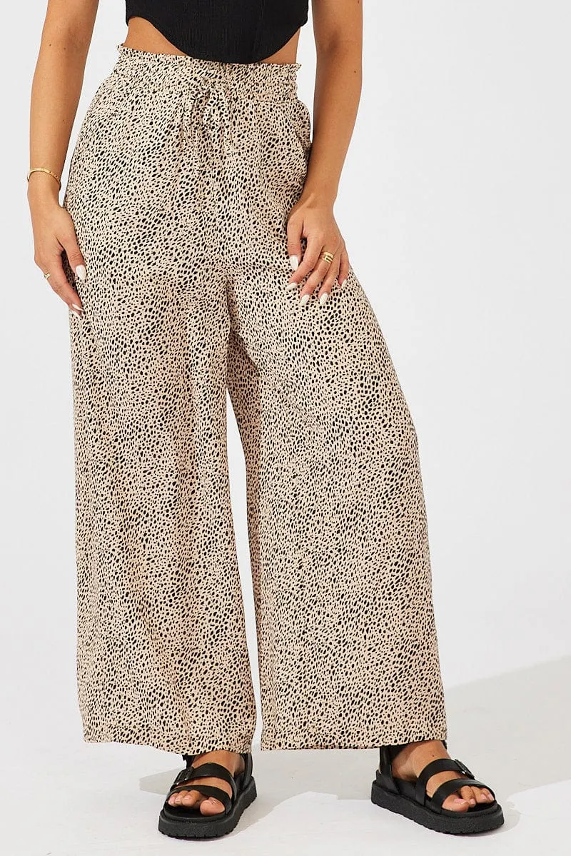 Beige Animal Print Wide Leg Pants High Rise