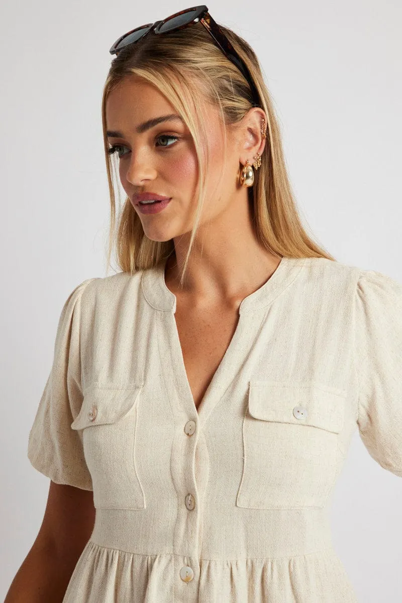 Beige Button Through Mini Dress Collar Linen Blend