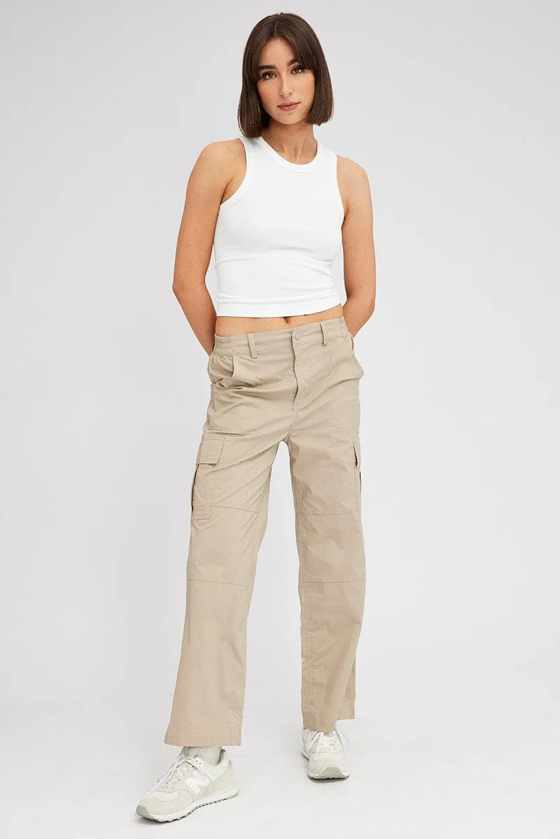 Beige Cargo Pants Mid Rise