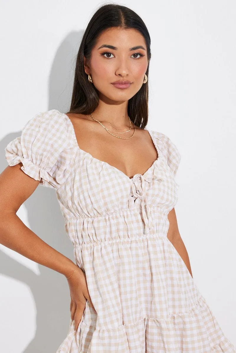 Beige Check Fit and Flare Dress Short Sleeve Tiered