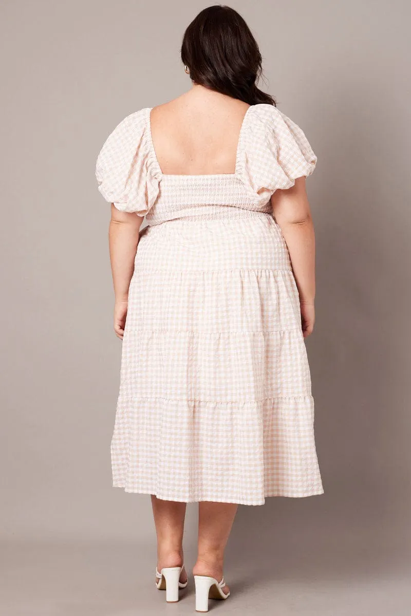 Beige Check Midi Dress Short Sleeve Shirred