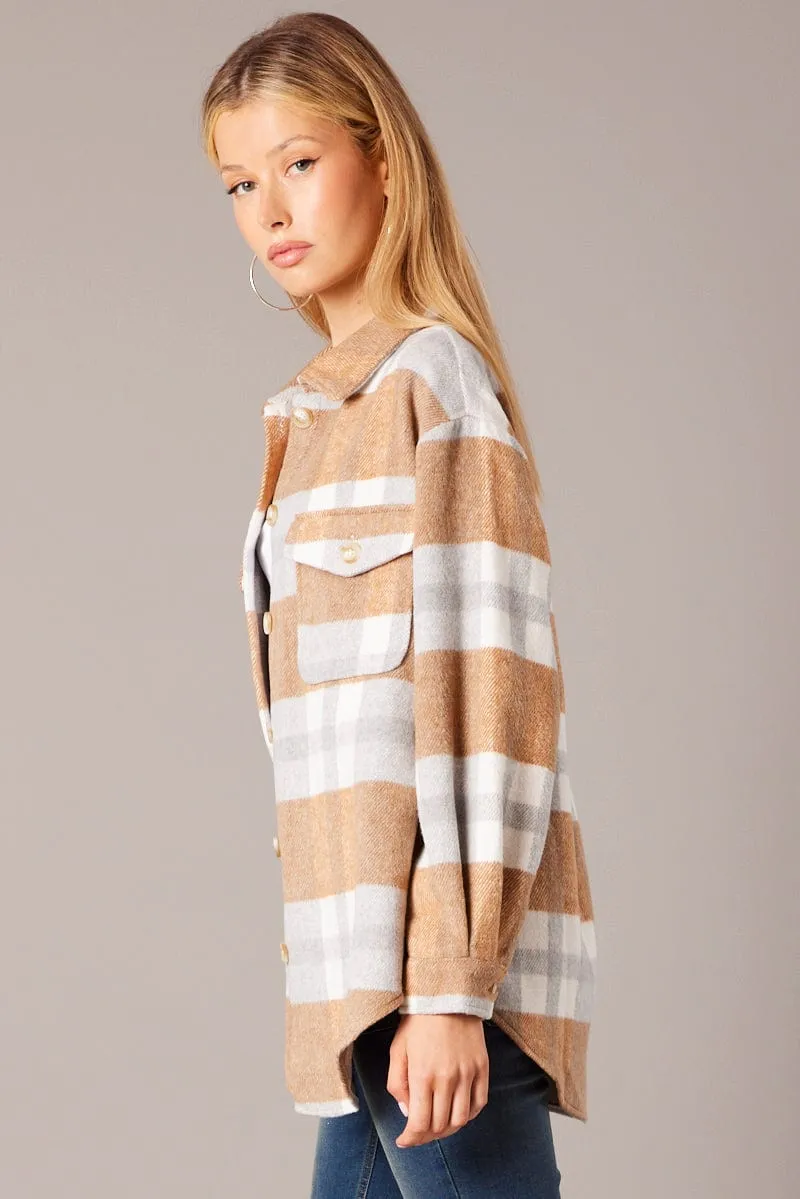 Beige Check Relaxed Shirt Long Sleeve