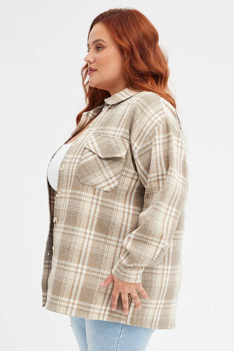 Beige Check Relaxed Shirt Long Sleeve