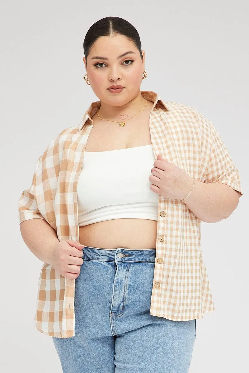 Beige Check Relaxed Shirt Short Sleeve V-Neck