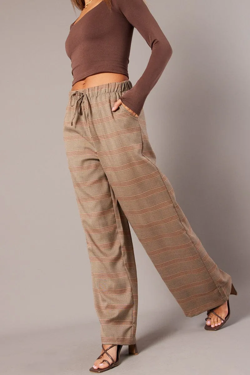 Beige Check Wide Leg Pants Elastic Waist