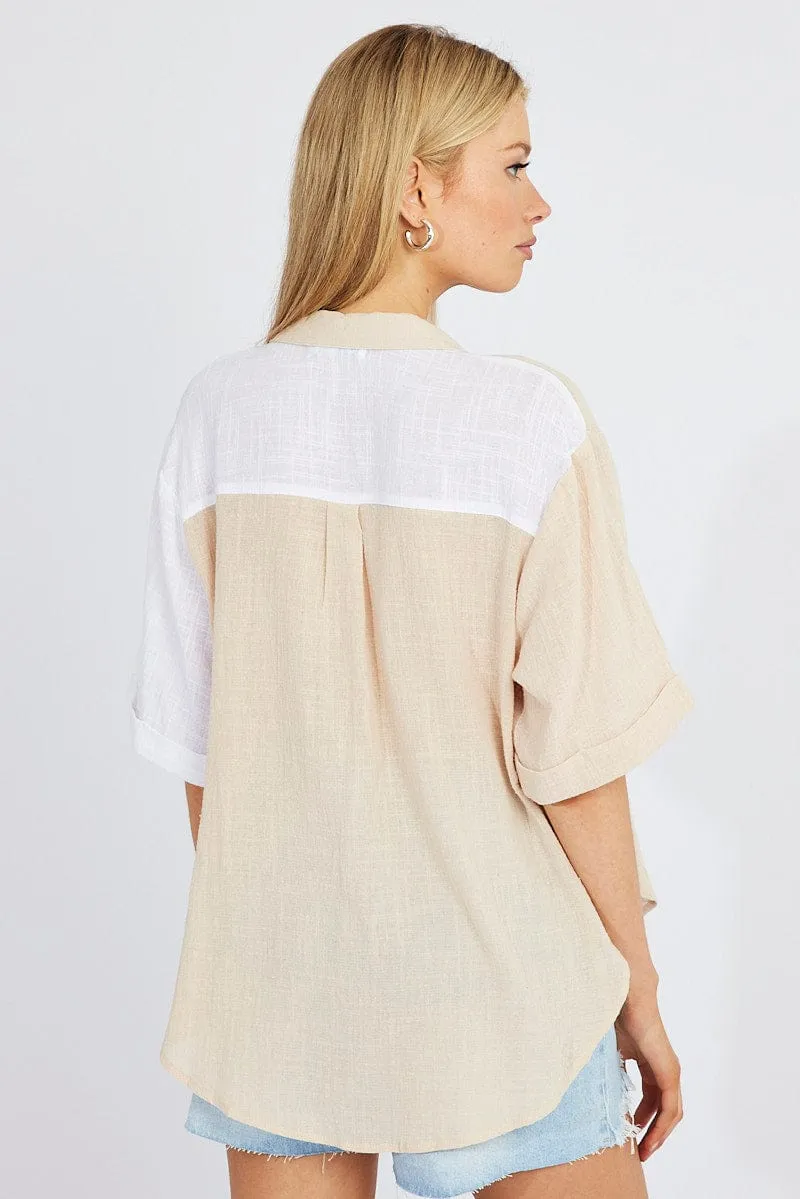 Beige Cotton Half Sleeve Relaxed Colour Block Shirt