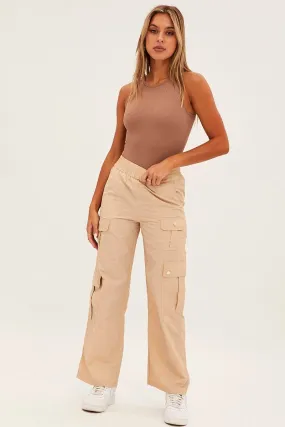 Beige Elastic Waist High Rise Wide Leg Cargo Pants