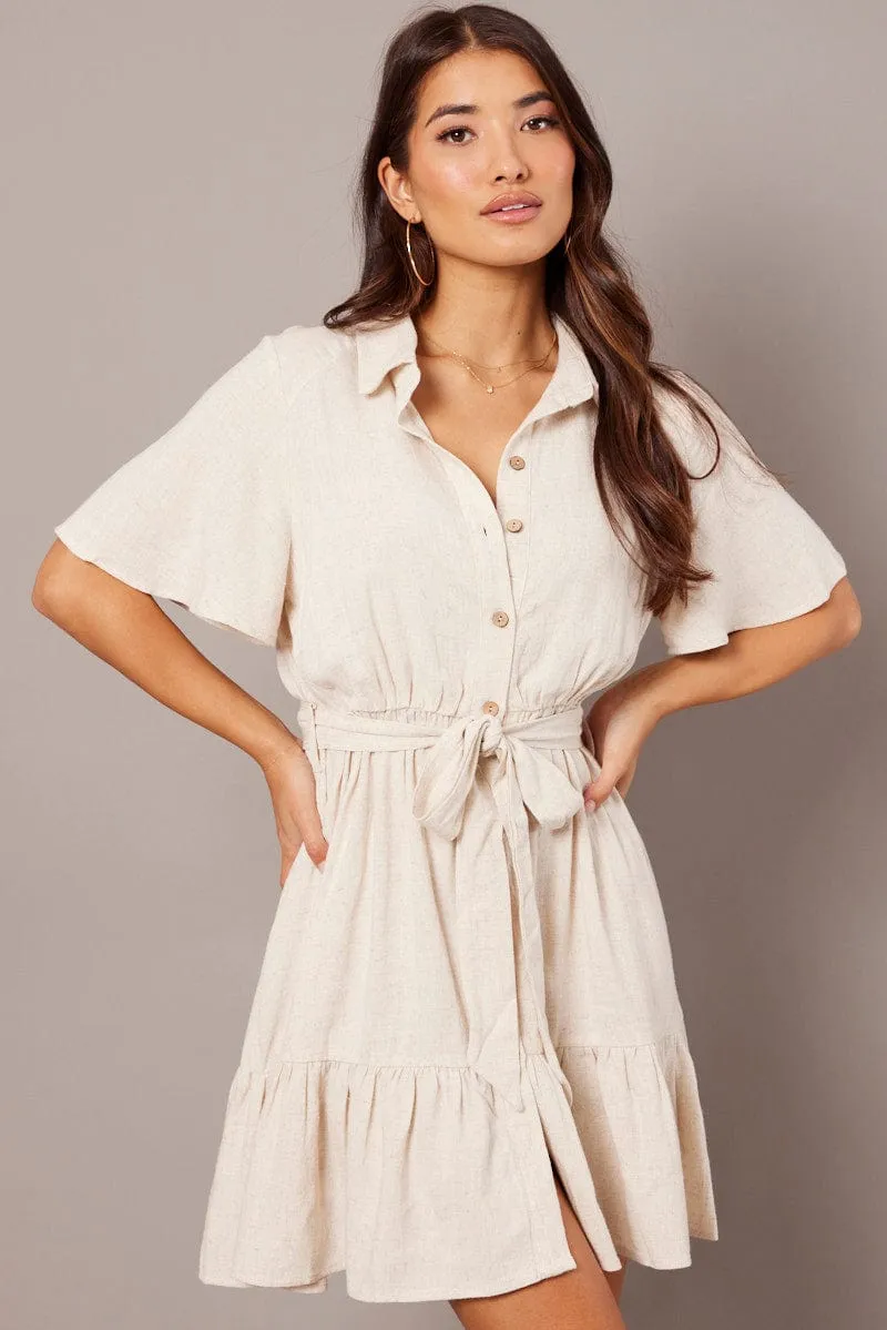 Beige Fit And Flare Dress Wing Sleeve