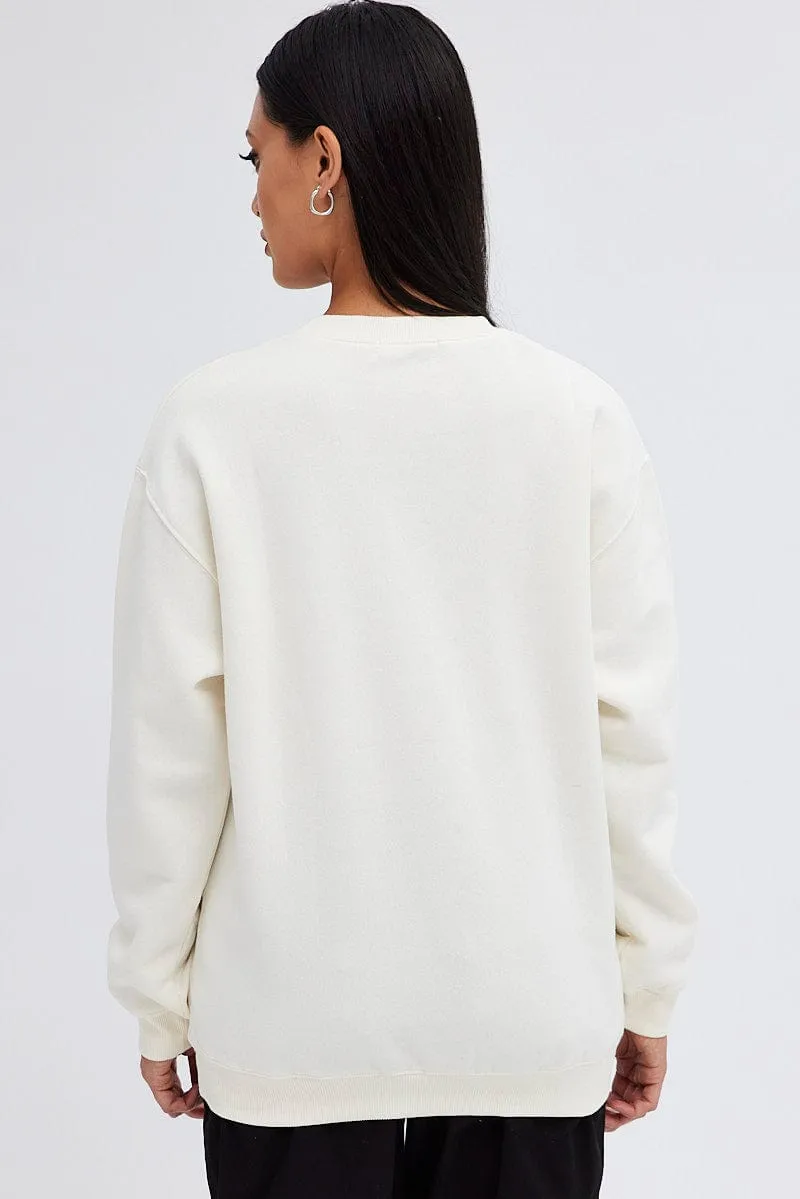 Beige Graphic Cream Sweater Long Sleeve