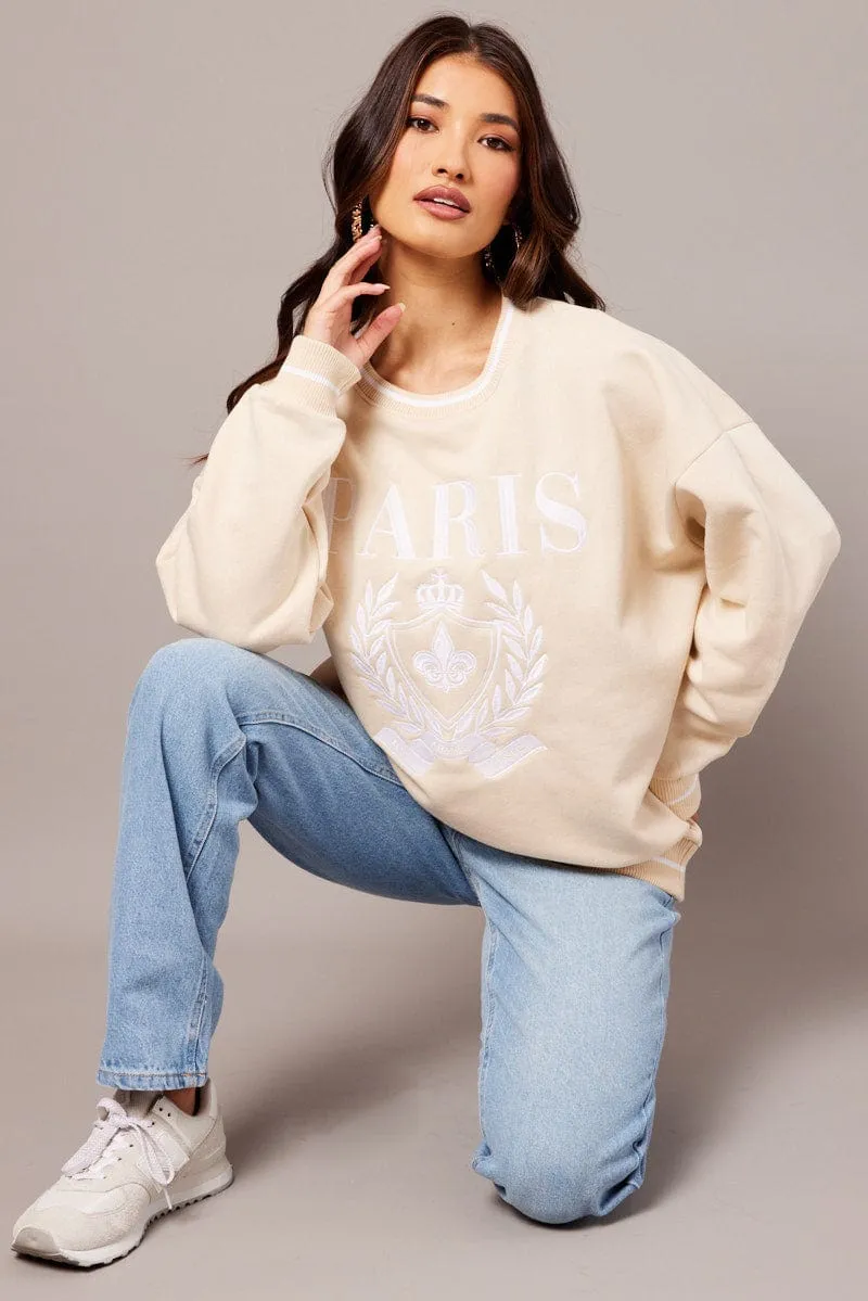 Beige Graphic Sweater Long Sleeve