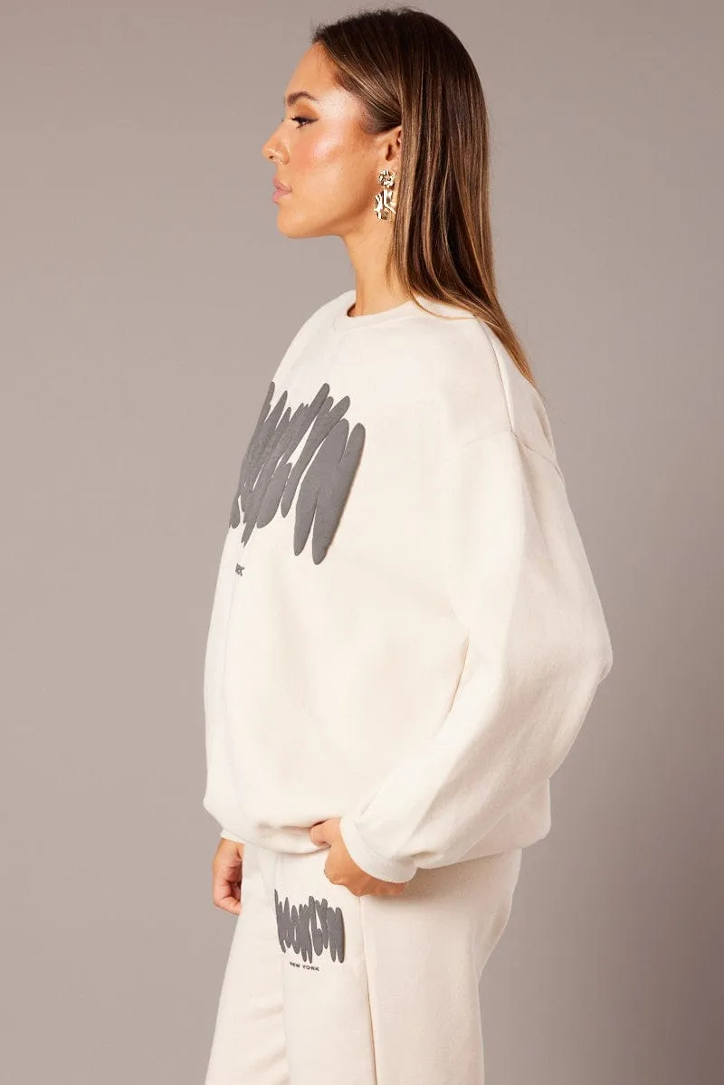 Beige Graphic Sweater Long Sleeve