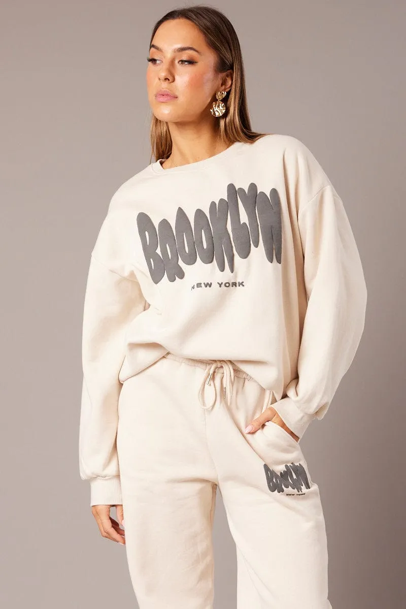 Beige Graphic Sweater Long Sleeve