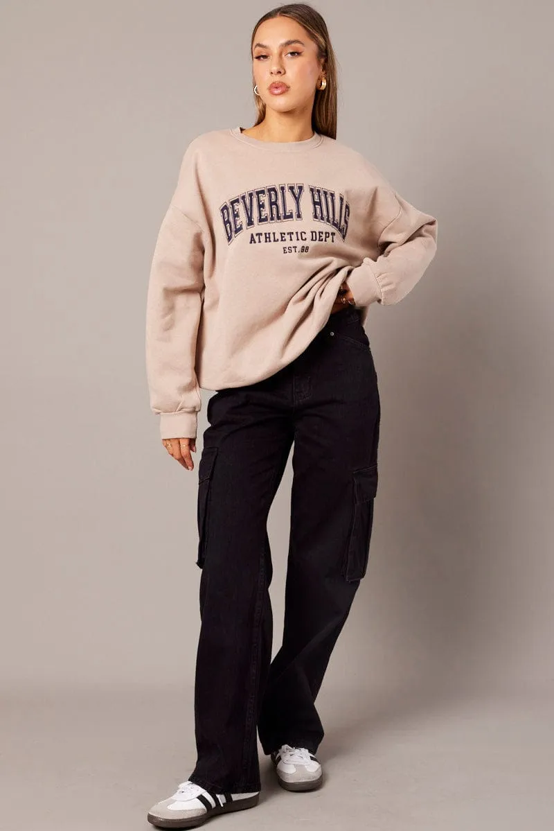 Beige Graphic Sweater Long Sleeve