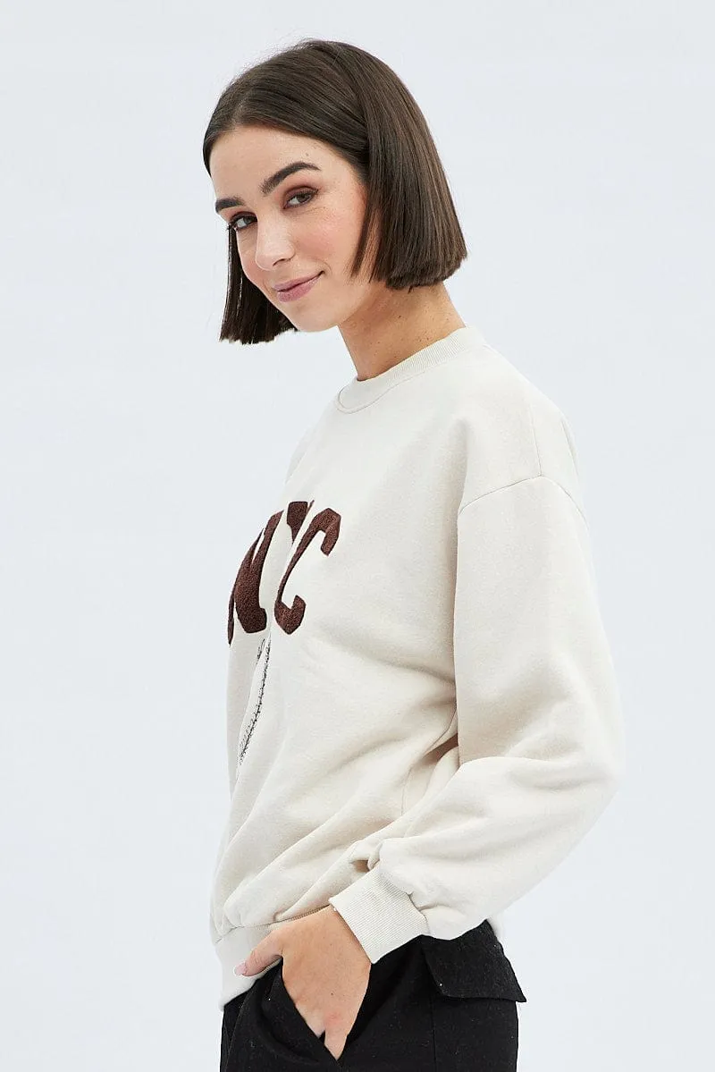 Beige Graphic Sweater Long Sleeves