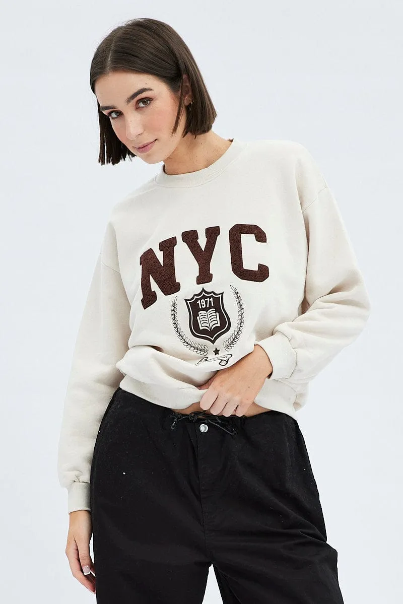 Beige Graphic Sweater Long Sleeves