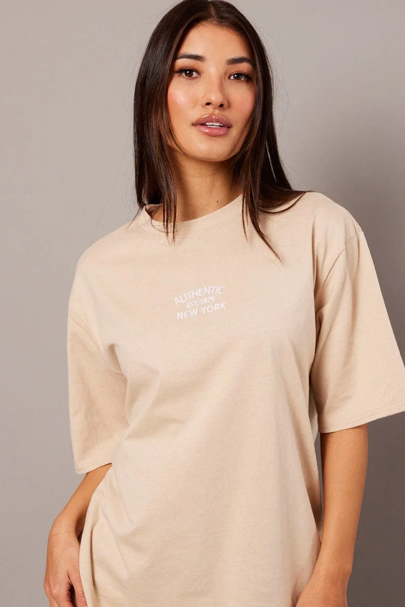 Beige Graphic Tee Short Sleeve