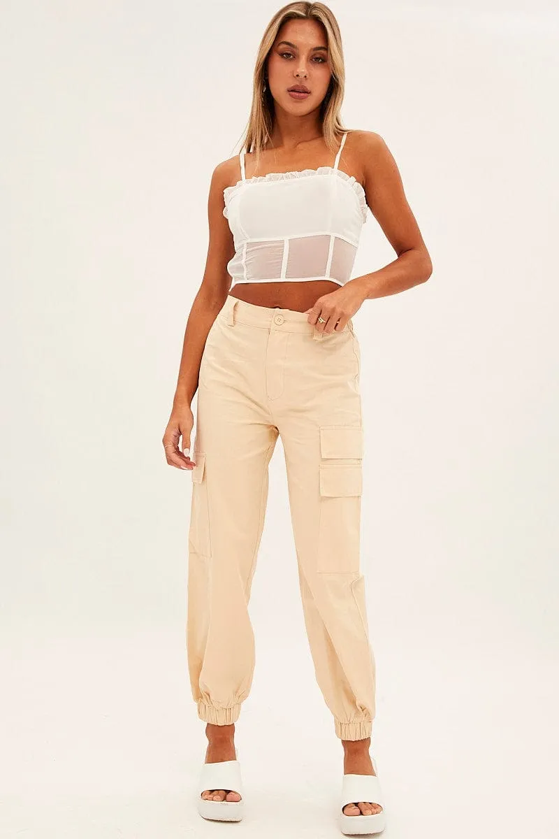 Beige High Rise Wide Leg Cargo Pants